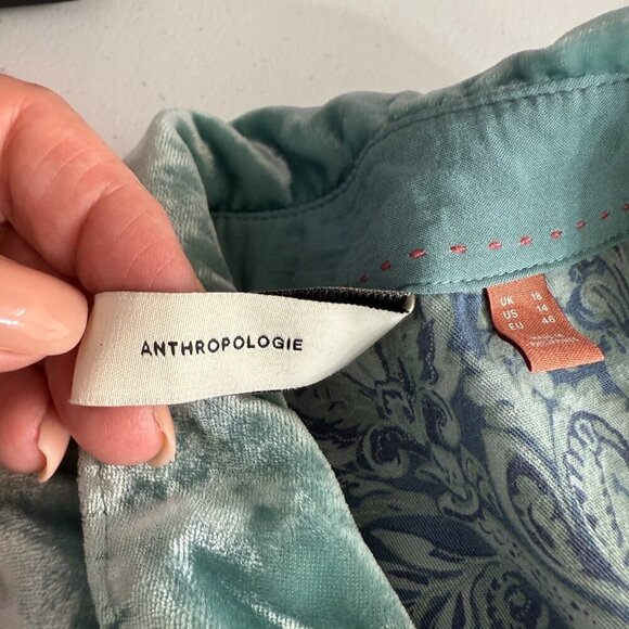 Pilcro Anthropolgie Crushed Velvet Mint Seafoam Button Down Shirt Womens Size 14 - Picture 6 of 10